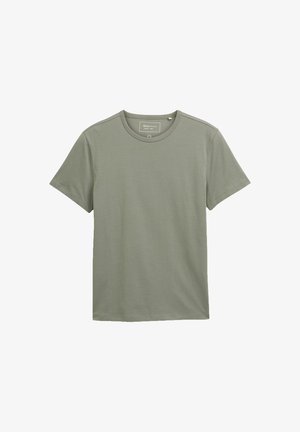 Olijfgroen T-shirt met korte mouwen, gemaakt van zacht katoen, met een klassieke ronde hals en een ontspannen pasvorm, zonder zichtbare patronen of details.