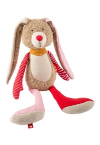 Stuffed rabbit with a fuzzy beige body, printed red and pink limbs, a yellow neck, and rosy nose. Features long floppy ears and a smiling face.