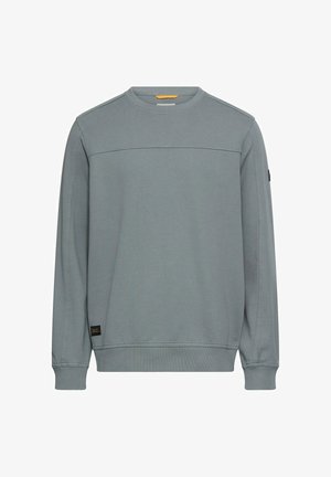 Gray sweatshirt made of cotton blend, crew neck, long sleeves, ribbed cuffs and hem. Features a small logo patch on the lower left side.