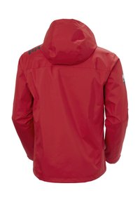Czerwona wodoodporna kurtka z kapturem. Gładka tekstura, subtelne logo na ramieniu i prosty dół. Odpowiednia do aktywności na świeżym powietrzu.