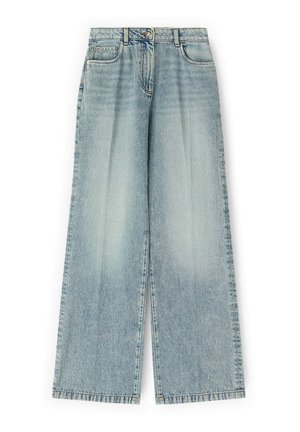 Jeans di denim a gamba larga colore azzurro chiaro, con tasche frontali, passanti per cintura, chiusura con cerniera e bottone, leggermente scoloriti nelle aree della coscia.