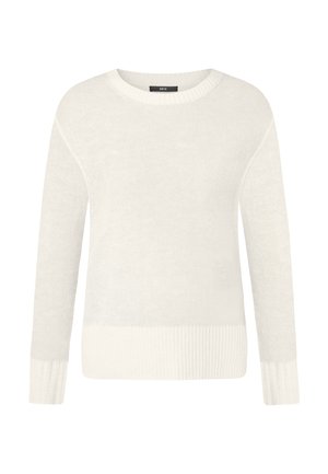 Pull en maille blanche avec col rond, manches longues et ourlet côtelé. Le tissu a une texture douce avec une apparence légère et aérée.