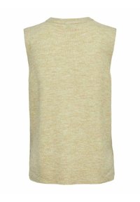 Top senza maniche in maglia beige con scollatura rotonda, texture liscia e leggere variazioni di colore. Vestibilità leggermente ampia con spacchi laterali.