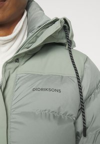 Ljusgrön puffjacka med avtagbar huva, med en svart dragsko och varumärket "DIDRIKSONS" tryckt på bröstet.