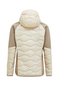 Giacca imbottita con una combinazione di colori beige e crema, texture a onde trapuntata sul retro e sul cappuccio, con pannelli laterali lisci.