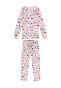 Ensemble de pyjama pour enfants à manches longues, de couleur rose, avec des motifs ludiques d'animaux, de fleurs et d'aliments bordés de bleu, vert et rouge.