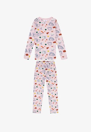 Ensemble de pyjama pour enfants à manches longues, de couleur rose, avec des motifs ludiques d'animaux, de fleurs et d'aliments bordés de bleu, vert et rouge.