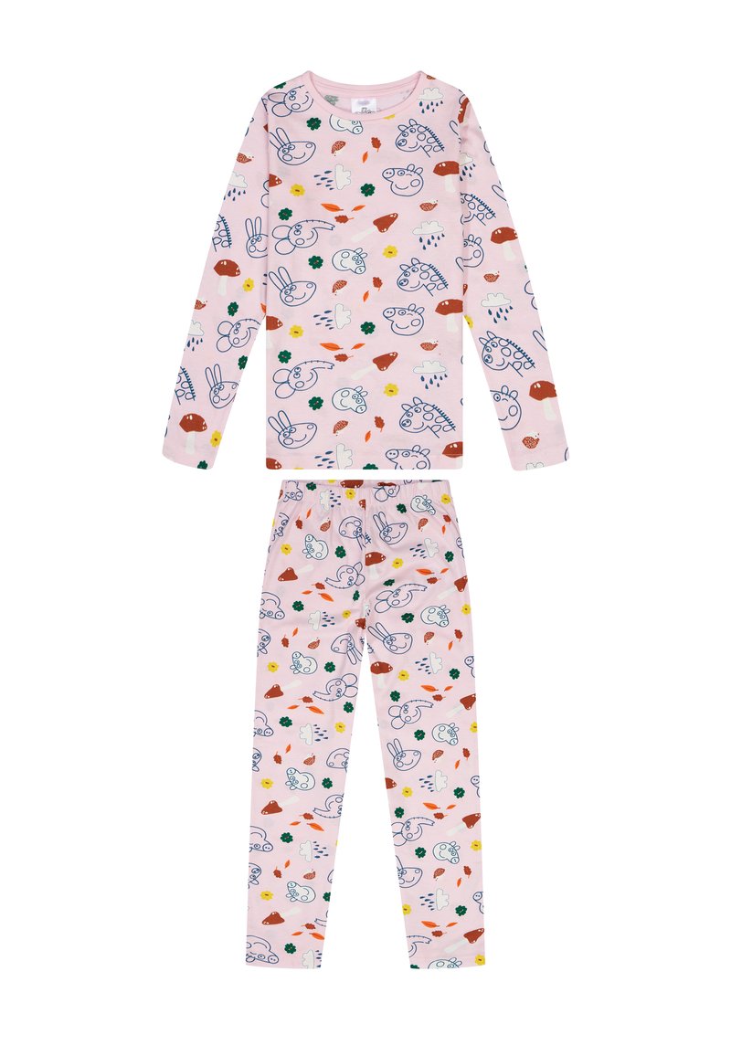 Ensemble de pyjama pour enfants à manches longues, de couleur rose, avec des motifs ludiques d'animaux, de fleurs et d'aliments bordés de bleu, vert et rouge.