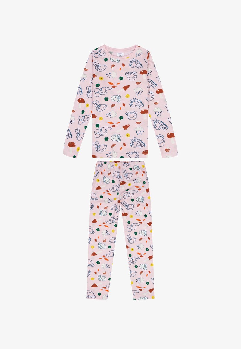 Ensemble de pyjama pour enfants à manches longues, de couleur rose, avec des motifs ludiques d'animaux, de fleurs et d'aliments bordés de bleu, vert et rouge.