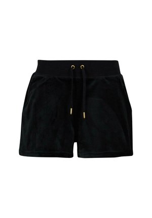 Black velvet shorts with a drawstring waist, featuring gold hardware accents and side pockets, designed for comfort and casual wear.