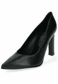 Décolleté nera con punta affusolata, parte superiore in pelle texture e tacco a blocco quadrato. La suola presenta elementi di design minimi.