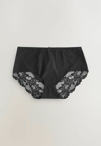 Svarta trosor med en solid frampanel, som har intrikata svarta spetsdetaljer på baksidan med scalloperade kanter och en liten rosettaccent.