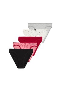 Vijf paar damesondergoed: zwart, donkerrood, lichtroze met hartjes, wit met zwarte sterren en grijs. Alle zijn gemaakt van zachte, rekbare stof.