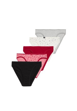 Five pairs of women's underwear: black, dark red, light pink with hearts, white with black stars, and gray. All are made of soft, stretchy fabric.