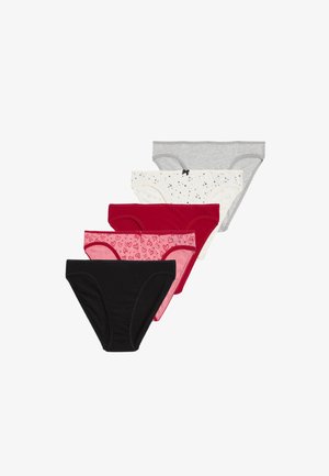 Five pairs of women's underwear: black, dark red, light pink with hearts, white with black stars, and gray. All are made of soft, stretchy fabric.
