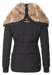 Black puffer jacket with a faux fur collar, zip front, and button accents on the waist and cuffs. Soft, quilted texture.