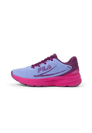 Purple and light blue athletic shoe with pink accents. Mesh upper, cushioned sole, round toe, and prominent Fila logo on the side.