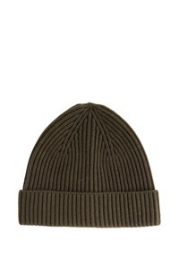 Bonnet en tricot côtelé de couleur vert olive foncé avec un revers, présenté à plat sur un fond blanc.