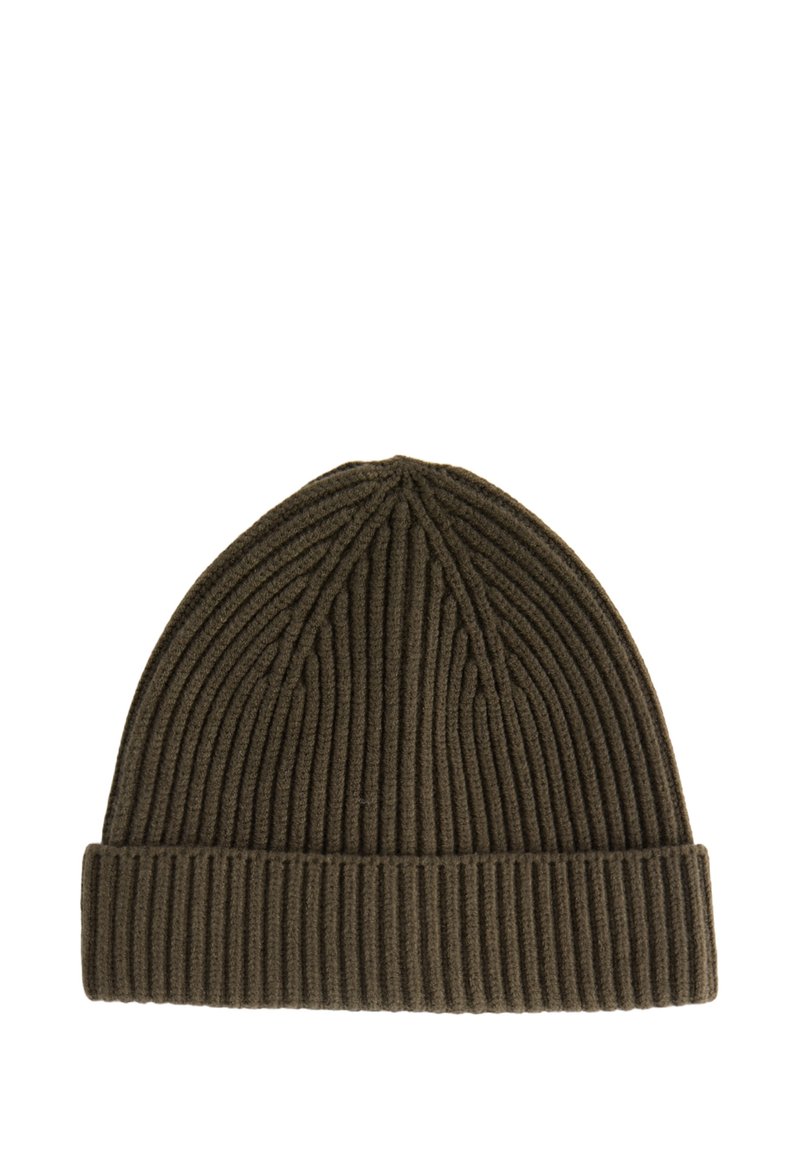 Bonnet en tricot côtelé de couleur vert olive foncé avec un revers, présenté à plat sur un fond blanc.