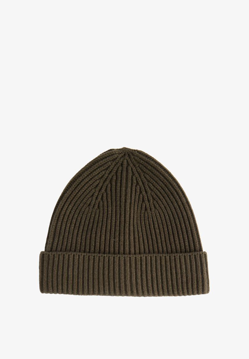 Bonnet en tricot côtelé de couleur vert olive foncé avec un revers, présenté à plat sur un fond blanc.