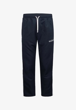 Navy blue sweatpants with white drawstring, side stripes, and "unfair" text on upper left thigh.