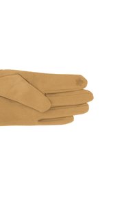 Guanti beige realizzati in materiale morbido, con una superficie liscia, design a tre dita e un motivo floreale nella zona del polso.