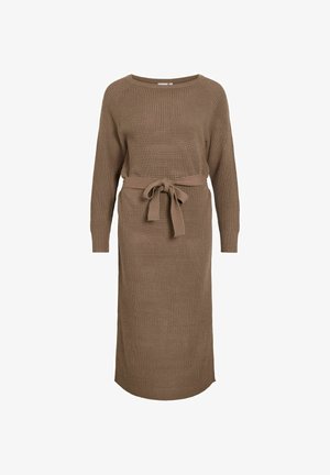 Bruine gebreide jurk met een losse pasvorm, lange mouwen en een taillekoord. Heeft een gestructureerd patroon en een ronde halslijn.