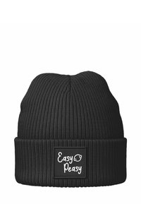 Black knitted beanie hat with a ribbed texture and a folded cuff. Features a rectangular patch labeled "Easy Peasy" in white lettering.