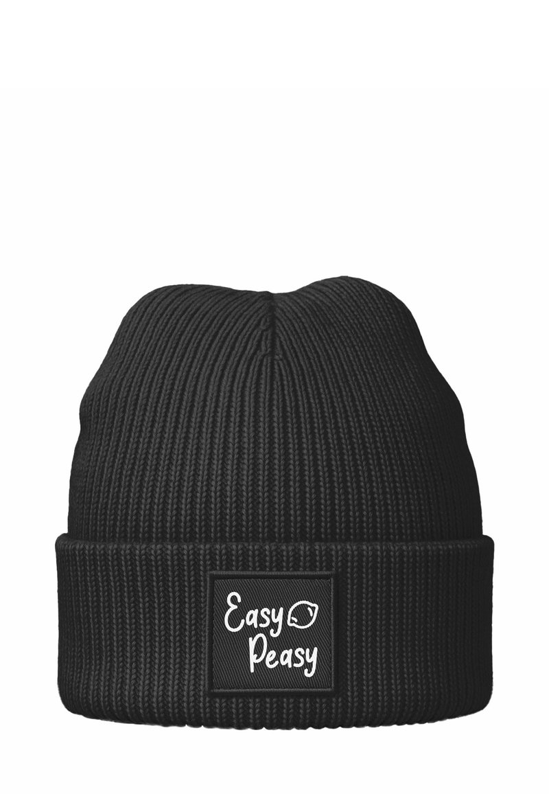 Black knitted beanie hat with a ribbed texture and a folded cuff. Features a rectangular patch labeled "Easy Peasy" in white lettering.