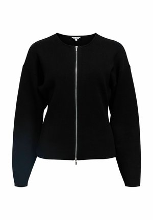 Suéter negro con cremallera, mangas largas, escote redondo y corte ajustado. Fabricado con material suave, presenta una textura lisa y un diseño minimalista.