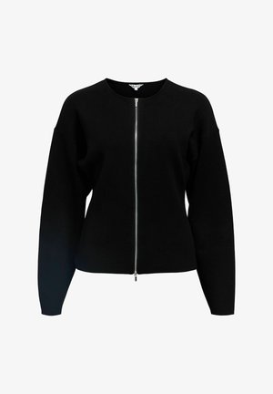 Black zip-up sweater with long sleeves, round neckline, and a fitted shape. Made of soft material, featuring a smooth texture and minimal design.