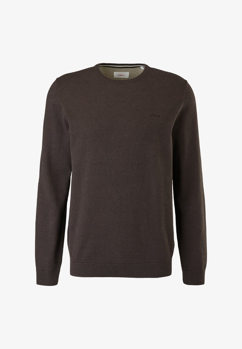 Pull marron foncé à manches longues avec col rond, poignets et ourlet côtelés, petit logo brodé sur la poitrine gauche.