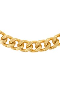 Collana d'oro con anelli ovali, finitura lucida e design spesso. Gli anelli sono interconnessi, creando una superficie liscia e riflettente.