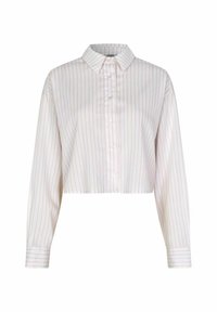 Camicia bianca tagliata con righe verticali rosa chiaro, davanti con bottoni, tessuto morbido, colletto a punta e maniche lunghe con dettagli ai polsini.