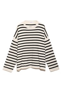 Pull à manches longues couleur crème avec des rayures noires horizontales et un col rond, étalé à plat sur un fond blanc.