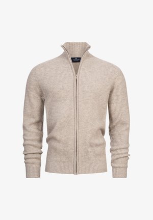 Beige zip-up trui van ribstof. Bevat een hoge kraag en lange mouwen met aansluitende manchetten. Eenvoudig ontwerp zonder patronen of metalen onderdelen.
