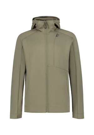 Giacca con cappuccio verde oliva chiaro con cerniera frontale completa e due tasche laterali, realizzata in tessuto strutturato.