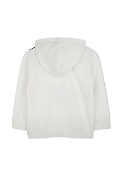 Felpa bianca con cappuccio, caratterizzata da una finitura testurizzata, dotata di tasca frontale e di un accento nero sulla cucitura della spalla. Tessuto morbido, design casual.