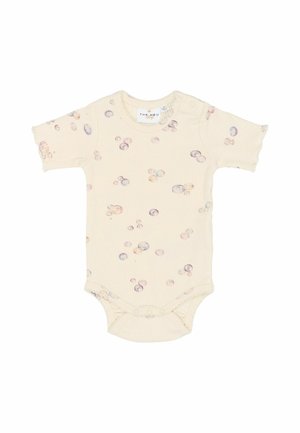 Roomkleurige babyromper met korte mouwen, bestrooid met kleine, zachte pastelkleurige bubbels en drukknoopjes aan de onderkant en op de schouder.