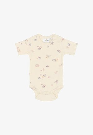 Cremefarbener Baby-Strampler mit kurzen Ärmeln, besetzt mit kleinen, weichen pastellfarbenen Blasenmustern und Druckknöpfen am unteren Saum und an der Schulter.