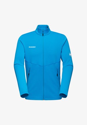Giacca in pile blu con colletto alto, zip frontale completa, due tasche laterali e logo Mammut sul petto e sulla manica. Texture liscia.