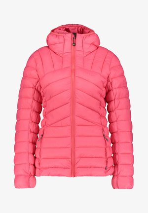 Rosa gepolsterte Jacke mit Kapuze, mit Zickzacknähten, Reißverschluss und zwei Seitentaschen. Hergestellt aus leichtem, isoliertem Material.