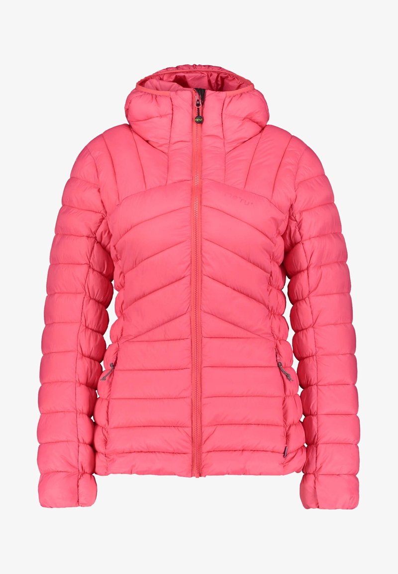 Růžová vycpaná bunda s kapucí, se šikmým prošíváním, zapínáním na zip a dvěma bočními kapsami. Vyrobena z lehkého, izolačního materiálu.