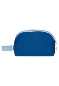 Sacchetto cosmetico con zip in tessuto blu scuro unito con accenti blu chiaro, forma rettangolare, dotato di un manico laterale per una facile trasportabilità.