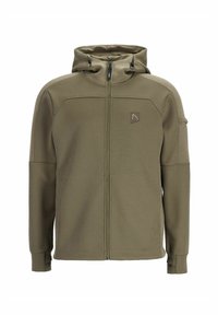 Maslinasto zelena zip-up dukserica s teksturiranim finishom, podesivim kapuljačom i suptilnim logom na prsima. Ima prednje džepove i elastične manžete.