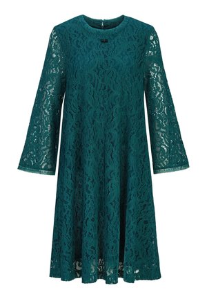 Tealgrünes Spitzenkleid mit langen Glockenärmeln, rundem Ausschnitt und durchgehend floraler Spitzenmusterung.