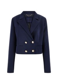 Marineblauwe cropped blazer van gladde stof, met een dubbelzijdig ontwerp, voorzien van goudkleurige knopen en een geknoopte kraag.