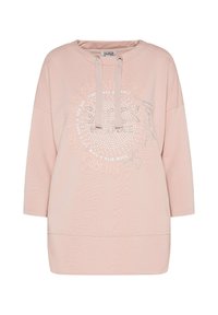 Felpa rosa over-size con scollo rotondo, cordoncino nel cappuccio e un design grafico lucido con testo e motivi a pois sulla parte anteriore.