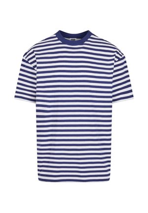 Short-sleeve striped t-shirt with navy blue and white horizontal stripes, round neckline, relaxed fit, and soft cotton material.
