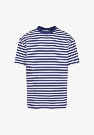 Lühikeste varrukatega triibuline t-särk, millel on tumesinised ja valged horisontaalsed triibud, ümmargune kaelus, mugav lõige ja pehme puuvillane materjal.